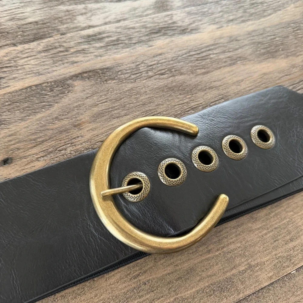 Black Wide‎ Elastic Waist Belt Gold Buckle Plus Size 2X/3X Stretchy